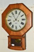 A 20TH CENTURY WALNUT CASED OCTAGONAL DROP DIAL WALL CLOCK, marked with H.A.C emblem
