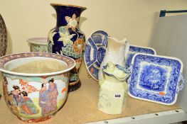 A GROUP OF ASSORTED CERAMICS to include Masons 'Vista', Chinese style planters, one with character