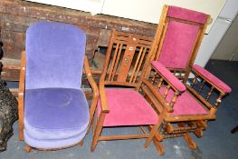 AN AMERICAN ROCKING CHAIR WITH PINK UPHOLSTERY, together with an Arts and Craft style oak elbow