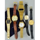 SIX GENTLEMAN'S WRISTWATCHES comprising a Seiko quartz with circular gold coloured dial and black