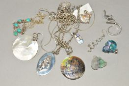 A SELECTION OF MAINLY SILVER AND WHITE METAL JEWELLERY to include three shell pendants, a