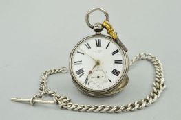 AN EARLY 20H CENTURY SILVER POCKET WATCH, WATCH KEY AND AN ALBERT CHAIN, the white dial with black