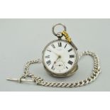 AN EARLY 20H CENTURY SILVER POCKET WATCH, WATCH KEY AND AN ALBERT CHAIN, the white dial with black