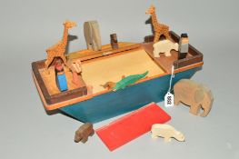 A WOODEN NOAH'S ARK AND ANIMALS, complete with eight pairs of animals, but only one lion, figures of