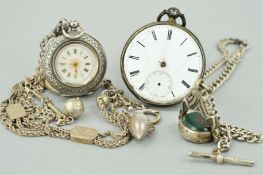 TWO LATE 19TH TO EARLY 20TH CENTURY POCKET WATCHES AND THREE ALBERT CHAINS, the first pocket watch