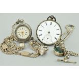 TWO LATE 19TH TO EARLY 20TH CENTURY POCKET WATCHES AND THREE ALBERT CHAINS, the first pocket watch