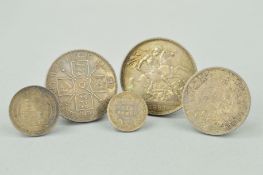 FIVE 1887 COINS to include six pence, half crown and a shilling etc, total weight 73 grams