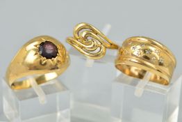 THREE 9CT GOLD RINGS, the first a wide band ring star set with three single cut diamonds, ring