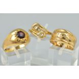 THREE 9CT GOLD RINGS, the first a wide band ring star set with three single cut diamonds, ring