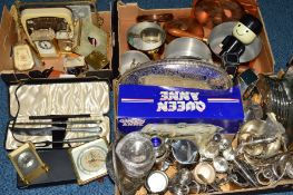 THREE BOXES OF SILVER PLATE, assorted clocks, copper pans, etc including a small silver cream jug