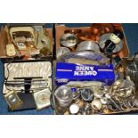 THREE BOXES OF SILVER PLATE, assorted clocks, copper pans, etc including a small silver cream jug