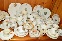 A COLLECTION OF CRESTED CHINA CUPS, SAUCERS, PLATES, ETC, including Cauldon, Florentine, Shelley,