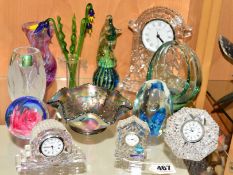 A GROUP OF GLASSWARES, to include Waterford Crystal timepieces, Edinburgh crystal timepiece,