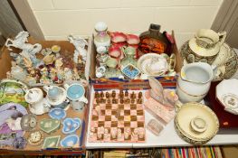 THREE BOXES AND LOOSE CERAMICS AND GLASS etc, to include a pink onyx/marbled chess set, dominoes,