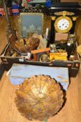 A BOX OF MISCELLANEOUS COLLECTABLES, 19TH CENTURY MANTLE CLOCK etc, to include two fans,