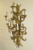 A 20TH CENTURY NINE BRANCH WALL BRASS MOUNTED LIGHT OF A FOLIATE DESIGN, approximate height 94cm (
