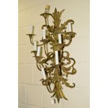 A 20TH CENTURY NINE BRANCH WALL BRASS MOUNTED LIGHT OF A FOLIATE DESIGN, approximate height 94cm (