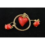 A DYED CORAL PENDANT AND A PAIR OF EARRINGS, the pendant designed as a coral heart suspended