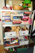SIX BOXES AND LOOSE SUNDRY ITEMS to include a large quantity of board games and soft toys, DVD's and