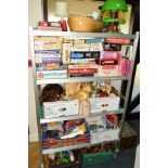 SIX BOXES AND LOOSE SUNDRY ITEMS to include a large quantity of board games and soft toys, DVD's and