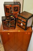 THREE ORIENTAL MINIATURE LAQUERED CHESTS, to include a three drawer chest, height 22cm (missing