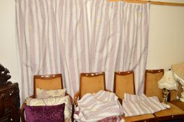 A SET OF FOUR CURTAINS with purple striping, approximate drop 194cm, together with a matching 6' bed