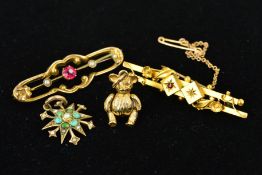 TWO EARLY 20TH CENTURY 9CT BROOCHES, A PENDANT AND A CHARM, the first brooch designed as two off set