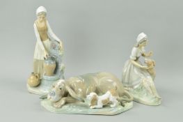 THREE LARGE NAO FIGURES/GROUPS to include Hound dog with puppy, length 29cm, woman at well and