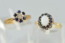 TWO 9CT GOLD GEM CLUSTER RINGS, the first designed as a central oval opal cabochon within a sapphire