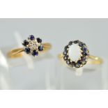 TWO 9CT GOLD GEM CLUSTER RINGS, the first designed as a central oval opal cabochon within a sapphire