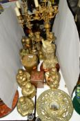 A GROUP OF 19TH AND 20TH CENTURY BRASSWARE, etc including a bronze Buddha and four brass examples,