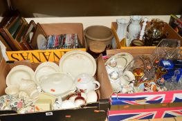 FOUR BOXES OF GLASSWARE, TEA AND DINNER WARES, DVD'S AND ASSORTED PRINTS etc (4 boxes and loose)
