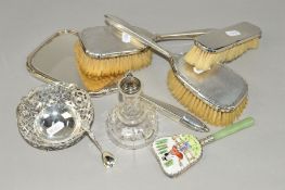 A FOUR PIECE SILVER BACKED DRESSING TABLE SET, Birmingham 1938, together with other items of