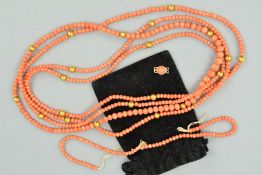 A LONG CORAL NECKLACE, A STRING OF CORAL BEADS AND A CLASP, the long coral necklace designed as