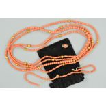 A LONG CORAL NECKLACE, A STRING OF CORAL BEADS AND A CLASP, the long coral necklace designed as