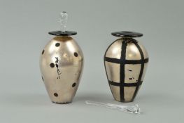 TWO STUDIO GLASS SCENT BOTTLES BY ADAM AARONSON, engraved signature, height 16.5cm (some