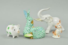 HEREND HUNGARY PORCELAIN RABBITS EATING CORN, No5326, a Herend porcelain elephant and a pig and dog,