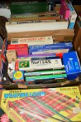 TWO BOXES OF VINTAGE GAMES AND BOOKS ETC, to include Escalado, Hangman, Numbers up and Cluedo,