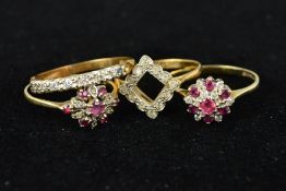 FOUR GEM SET DRESS RINGS comprising two 9ct gold ruby and diamond cluster rings, a 9ct gold