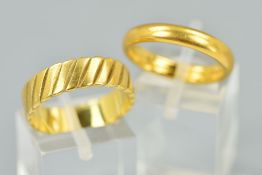 TWO WEDDING BAND RINGS, the first a plain D shape 22ct gold band, hallmark rubbed, ring size O,