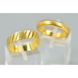 TWO WEDDING BAND RINGS, the first a plain D shape 22ct gold band, hallmark rubbed, ring size O,