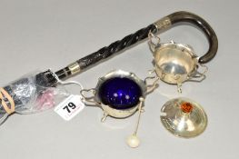 A SILVER HANDLED UMBRELLA, together with two piece silver condiment