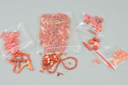 A SELECTION OF MAINLY LOOSE CORAL PIECES to include coral beads, carved coral beads, branch coral