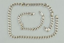 A SILVER CURB LINK CHAIN NECKLACE AND BRACELET, both with spring release clasps (necklace clasp a/