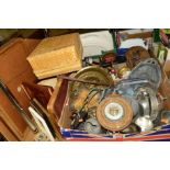 TWO BOXES AND LOOSE SUNDRY ITEMS, to include metal wares, a barometer, pictures and prints etc