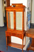 A REPRODUCTION YEW WOOD GLAZED TWO DOOR DISPLAY CABINET, with two drawers on cylindrical tapering
