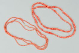 TWO CORAL BEAD NECKLACES, the first designed as vari-sized coral beads, most of spherical shape