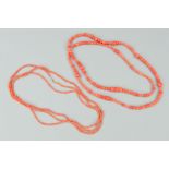 TWO CORAL BEAD NECKLACES, the first designed as vari-sized coral beads, most of spherical shape