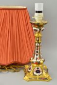 A ROYAL CROWN DERBY IMARI CANDLESTICK/TABLE LAMP, '1128' pattern, solid gold banded, height 27cm (