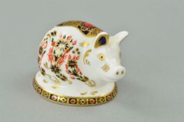 A ROYAL CROWN DERBY PIGLET PAPERWEIGHT, gold stopper